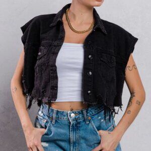 Women's Distressed Denim Jacket Vest Black NEW